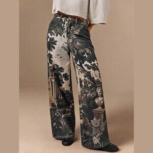 Brown / Gray Renaissance Landscape Tapestry Print Wide Leg 5 Pocket Denim Jeans